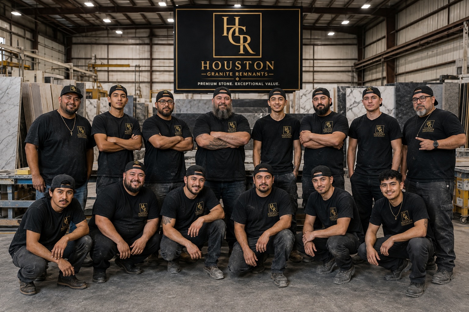 The Houston Granite Remnants team in the warehouse